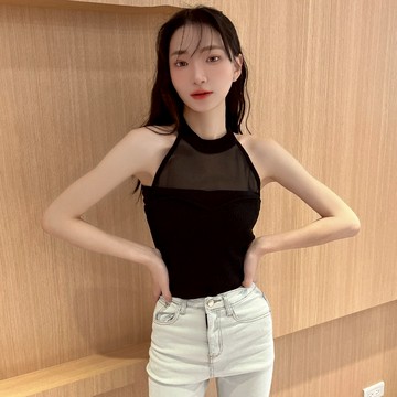 透膚削肩針織背心【47216】Sandy33實拍春夏新款韓系INS性感貼身氣質網紗露肩掛脖短版無袖背心繞頸背心 小背心