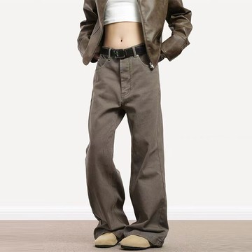 新款美拉德復古水洗牛仔褲男女美式寬松廢土風棕色百搭直筒褲子潮鑫弘-衣錦男裝