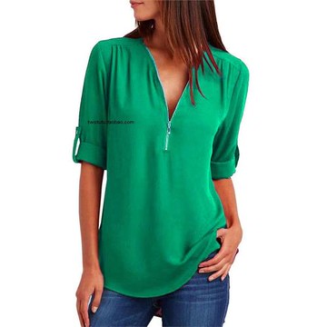 歐美風半袖打底衫 前拉鏈深V領中長款寬松薄款百搭襯衫  多色選