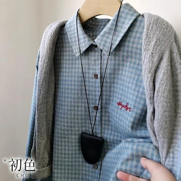 初色 韓版簡約寬鬆格紋字母單排釦刺繡長袖襯衫女上衣外搭外套-藍灰格紋-10829(M-XL可選)