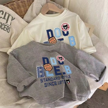 儿童长袖打底衫男女童纯棉新款上衣小童夏季男童宝宝卡通字母T恤中小童上衣男打底衫男長袖T恤男秋冬打底衫男