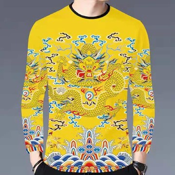 【秋冬】105公斤大码 长袖T恤男 古代帝王中國風龍衣服男T恤民族風網紅衣男士長袖薄t恤寬鬆打底衫