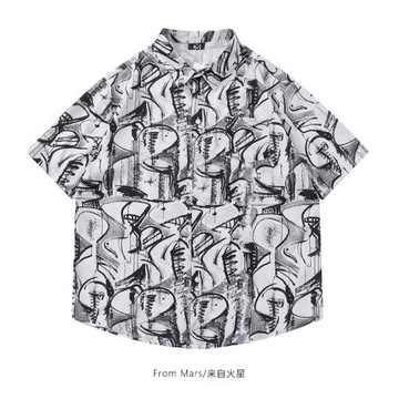 From Mars黑白藝術 潮牌設計感小眾印花短袖襯衫寬松休閑痞帥襯衣