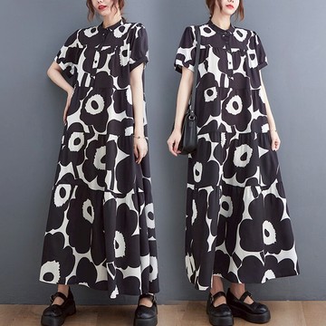 2022韓版夏季新款大碼女裝寬松顯瘦時尚短袖印花中長款襯衫連衣裙