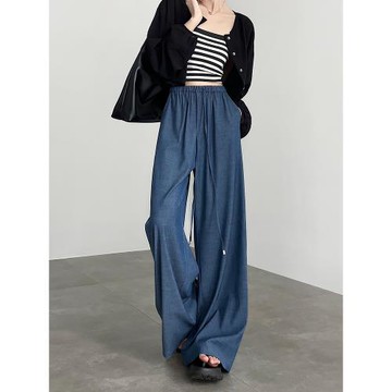 (免運)天絲闊腿牛仔褲女2024年新款高腰垂感寬松復古夏季薄款冰絲直筒褲