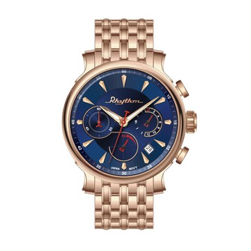 RHYTHM日本麗聲 雅痞視覺三眼設計日期顯示石英腕錶-玫瑰金/不鏽鋼錶帶