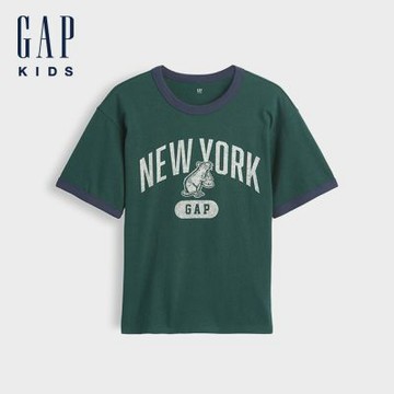 【GAP】兒童寬鬆版New York撞色T恤-深墨綠(907755)