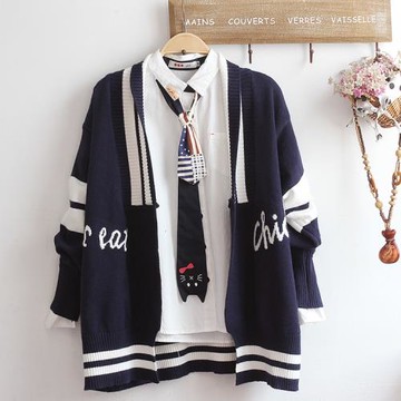 男女通款學院風秋裝加厚針織披肩 中學生V領寬松可愛字母毛衣外套