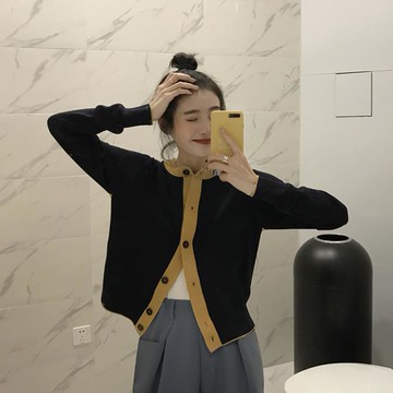 秋裝chic復古拼色長袖針織衫外套百搭修身單排扣短款毛衣開衫1入