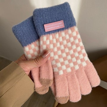 秋冬首選🔶女士保暖手套秋冬季韓版拼色格子拉絨加厚分指可觸屏學生騎車防寒 加絨加厚手套女 學生騎行防寒開電動車冬季觸屏保