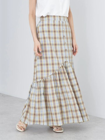 配色格紋分層魚尾剪裁長裙(1M36L0L0140) - earth music&ecology