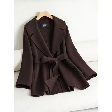 2025年新款咖啡色雙面羊絨大衣女短款寬松系帶大翻領羊毛呢外套