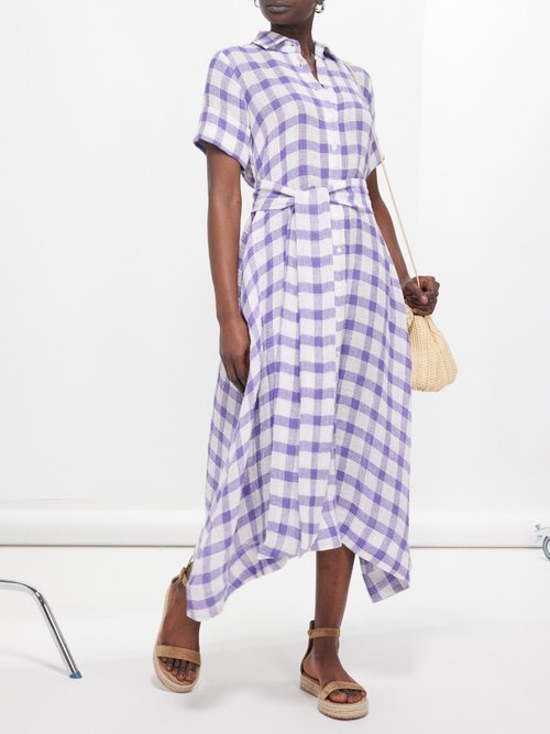 Lisa Marie Fernandez - Checked Linen-blend Gauze Midi Shirt Dress - Womens - Purple White