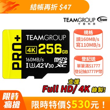 TEAM 十銓 PRO+ MicroSDXC 256GB UHS-I U3 A2 V30 記憶卡 (含轉卡+終身保固)