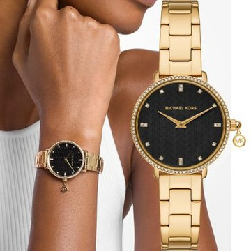 Michael Kors MK Pyper 紐約時尚晶鑽女錶 七夕寵愛季 送禮推薦-黑x金/32mm MK7616