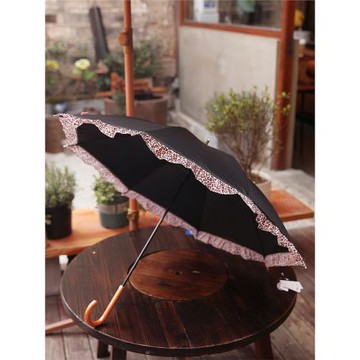 浮羽遮陽傘歐美風豹紋蕾絲邊歐式復古風木質彎柄長柄傘防曬UPF50+
