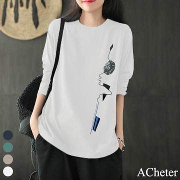 【ACheter】大碼休閒文藝長袖t恤寬鬆顯瘦減齡印花圓領中長上衣 # 113931(現貨+預購)