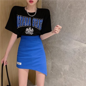 夏季新款時尚撞色字母印花短袖t恤女高腰不規則包臀半身裙女