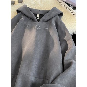 刺繡麂皮絨衛衣男士連帽秋季美式重磅衣服秋冬款復古潮牌加絨外套