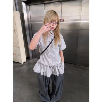 local aliens外星沙龍美式復古花邊格紋多層下擺襯衫裙疊穿襯衣女