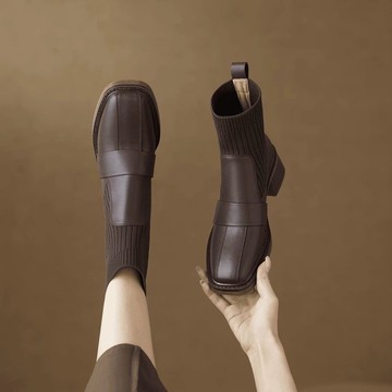 女粗跟秋冬馬丁靴瘦瘦靴高跟新款百搭短靴針織2025彈力襪靴英倫風