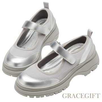 【Grace Gift】輕運動風拼接魔鬼氈瑪莉珍運動鞋 銀