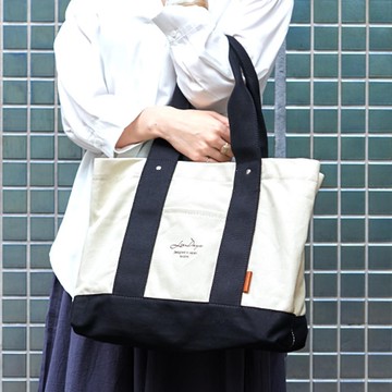 日本 LIZDAYS - 大容量多夾層帆布托特包(底部IC卡設計)-米x黑 (36x26x13cm)