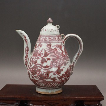 元代釉里紅手繪鳳紋 執壺 古玩古董陶瓷器 仿古收藏品擺件 羽墨軒