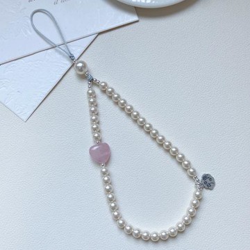 粉水晶愛心手機掛鏈手腕掛繩仿珍珠愛心掛件純銀吉祥如意吊墜