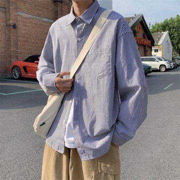 條紋襯衫男長袖春秋季潮流韓版百搭港風寬松痞帥休閑日系襯衣外套