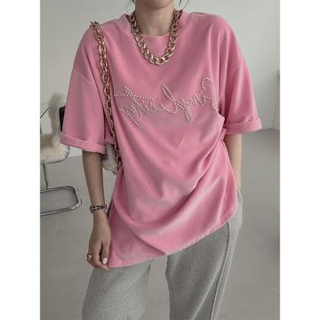 韓國chic夏季減齡氣質圓領釘珠字母印花設計寬松休閑百搭短袖T恤