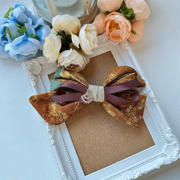 彈夾-拼接棉布蕾絲蝴蝶結自動夾髮夾髮飾頭飾-燙金咖啡線條