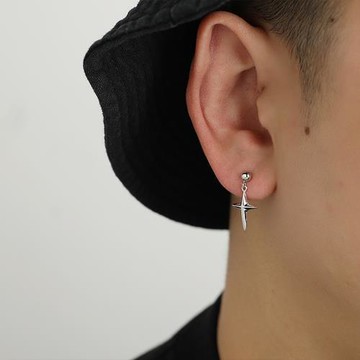YiJian Studio 通體925純銀耳釘男星芒十字架街頭嘻哈潮流吊墜