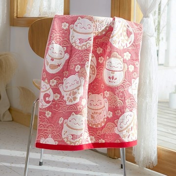 純棉五層紗浴巾 大尺寸(140 x 70cm) 柔軟吸水  招財貓 粉色  1條