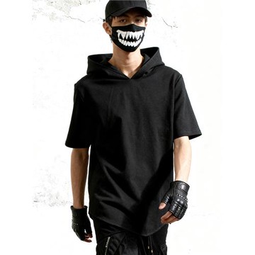 巫師帽弧形下擺修身暗黑青少年韓版潮流大碼薄款夜店套頭短袖衛衣