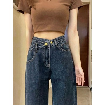 藍灰色高腰牛仔褲女2025年秋季新款寬鬆顯瘦直筒不規則闊腿拖地褲 美式復古牛仔褲 小個子直筒 寬鬆直筒褲 牛仔長褲 顯瘦