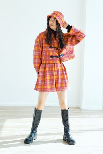 短版連帽格紋外套