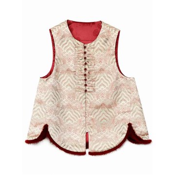 2024年秋冬新中式國風圓領仿宋錦提花馬甲不規則下擺氣質百搭上衣