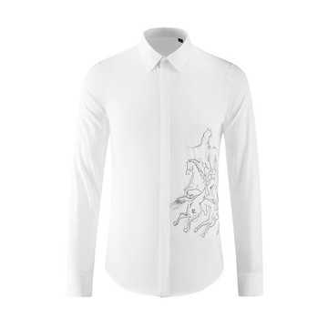 秋季新款高檔群馬刺繡男士長袖襯衫潮流百搭時尚男裝黑白修身襯衣