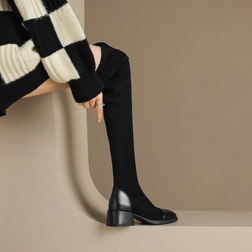 大碼粗跟過膝長靴女41一43秋冬絨面方頭中跟彈力高筒靴新款長筒靴