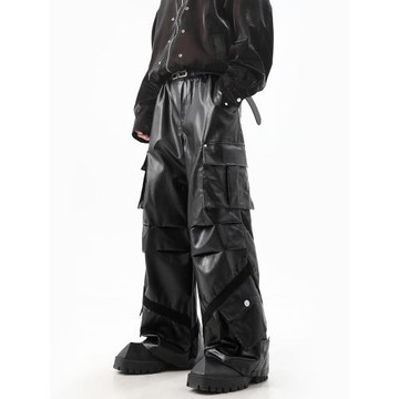 美式高級感闊腿工裝皮褲男拖地黑色PU皮休閑褲小眾設計感解構褲子