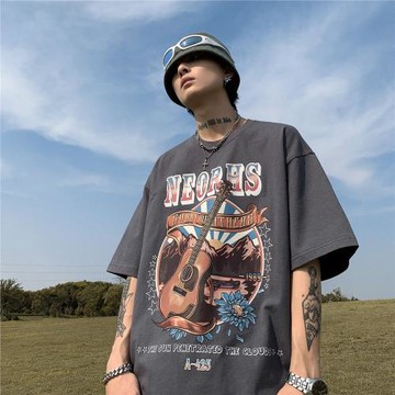 美式復古t恤男短袖夏季歐美潮牌痞帥炸街衣服潮流百搭寬松半截袖