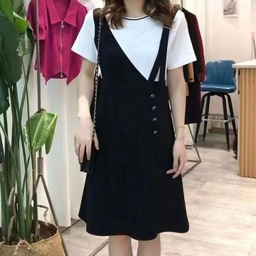拚接假兩件連衣裙2024夏季新款女裝時尚減齡圓領短袖遮肚顯瘦裙子中年媽媽裙 顯瘦洋裝