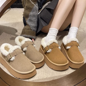 【35-42全尺碼】懶人鞋．溫暖絨面一字帶金屬釦毛毛厚底雪鞋．白鳥麗子