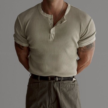 正韓修身復古水洗棉破損亨利領短袖上衣 4色 YUPPIE 預購商品 0825