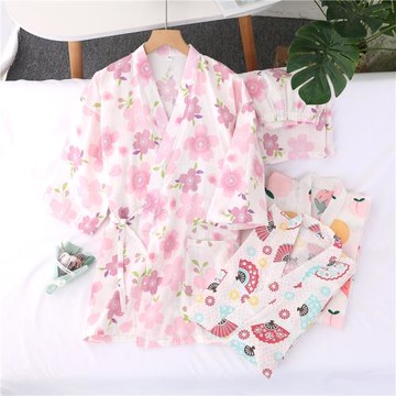 日系全棉紗布和服睡衣女士春秋季純棉紗系繩汗蒸服夏家居服套裝薄