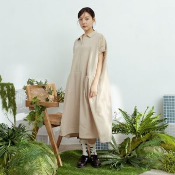 【MOSS CLUB】落肩連袖蕾絲拼接洋裝 綠 卡(魅力商品)