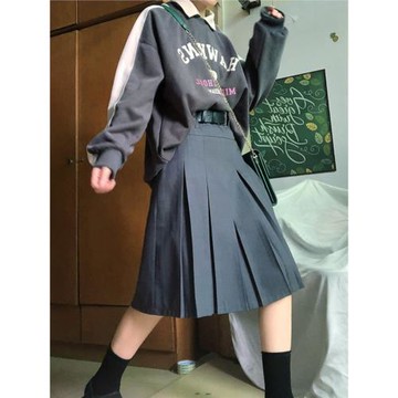 大碼灰色百褶裙春夏女復古高腰包臀微胖m百搭顯瘦a字半身裙中長裙