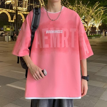 【美式男女款】美式高街假2件寬鬆字母大尺寸T恤