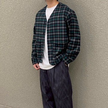 正韓微絨無領格紋下擺抽繩長袖襯衫 2色 YUPPIE 現貨商品 0130